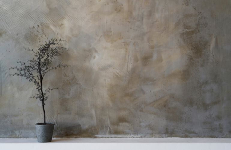 Saksijska biljka ispred sivog zida.