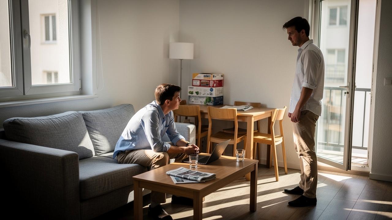 Dva muškarca u dnevnoj sobi, jedan sedi na sofi pored laptopa dok drugi stoji