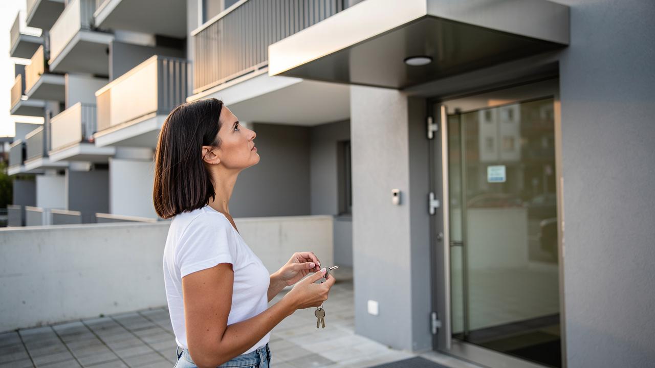 Žena drži ključeve i gleda prema ulazu moderne stambene zgrade